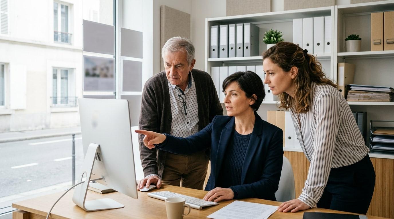 Équipe d'une agence immobilière réunie autour d'un écran