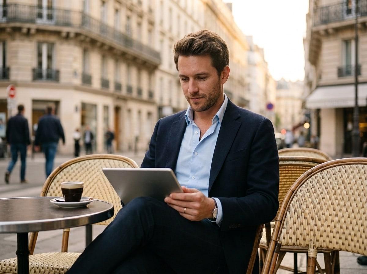 Professionnelle de l'immobilier qui suit sa formation sur tablette entre deux rendez-vous